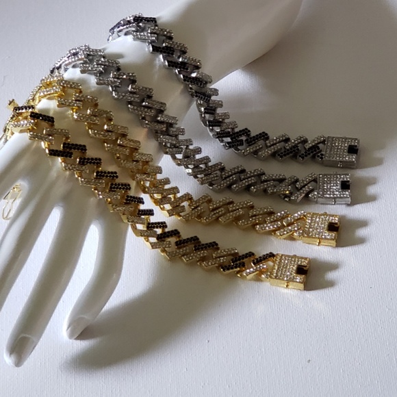 Hip Hop CZ Iced Out 14k Gold Plated Stainless Steel Miami Cuban Link Bracelet - Picture 4 of 9